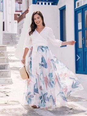 Chicwish White Maxi Skirt with Blue and Coral Floral Leaves